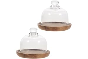 GOOHOCHY Glass Dome Small Cake Display Stand, 2Pcs Wood Dessert Plates for Birthdays and Window Displays