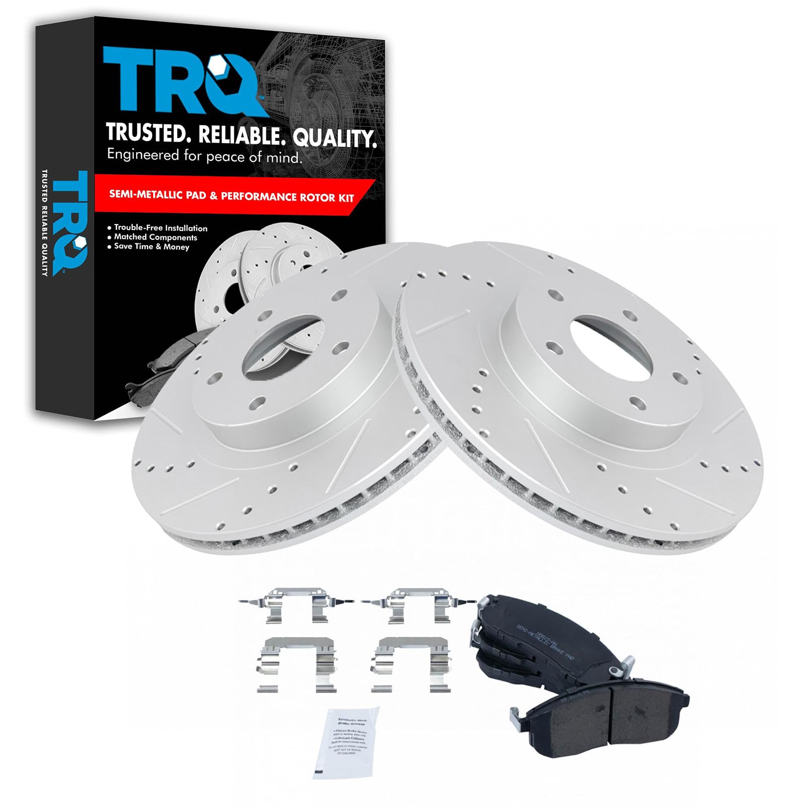 TRQ Front Brake Pad and Rotor Set Semi Metallic Coated Drilled Slotted Rotors Compatible with 2003-2005 Infiniti G35 350Z Image