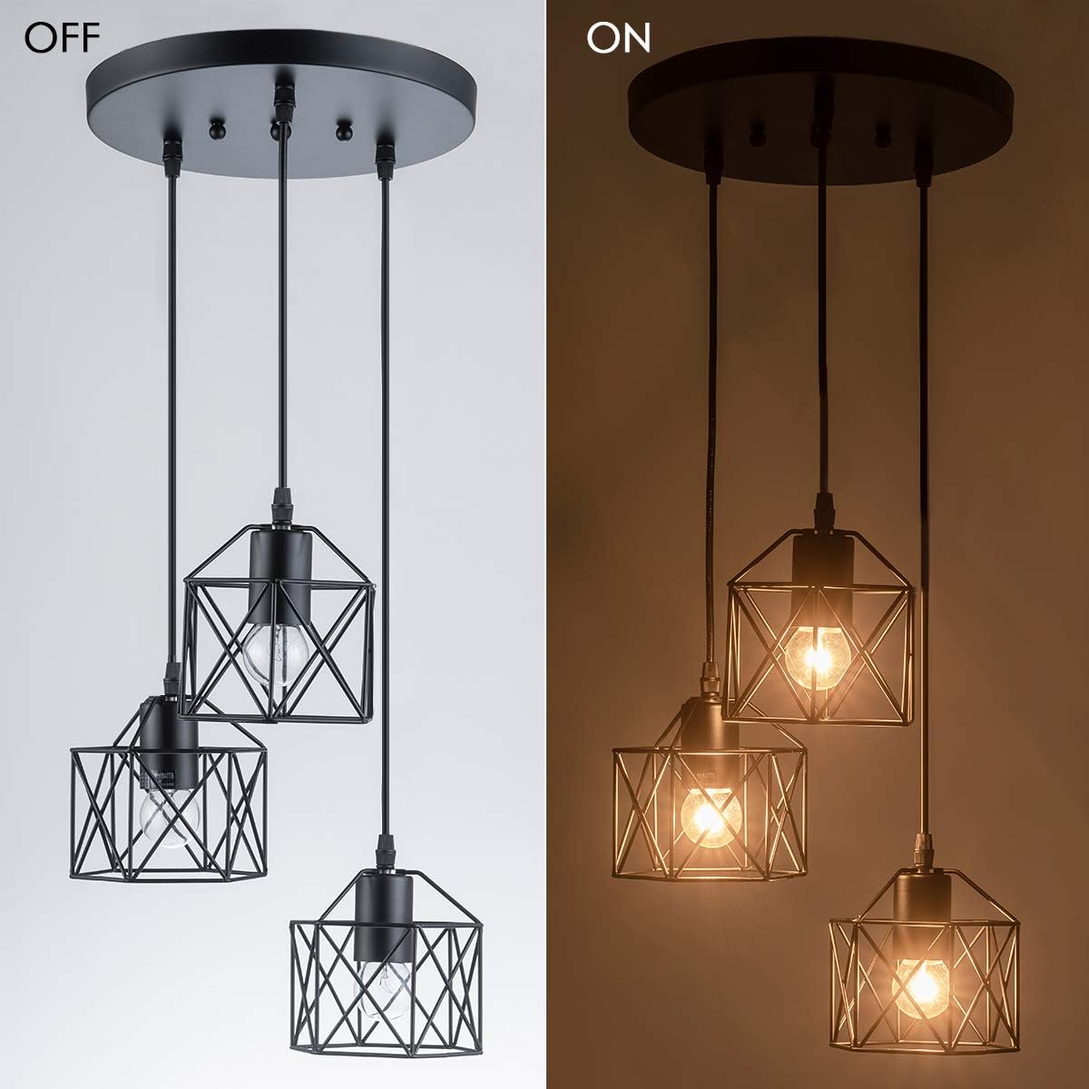 VILUXY Industrial 3-Light Pendant Lighting, with Black Metal Cage Shade, Adjustable Pendant Light for Kitchen Living Room Bedroom Hallway or Bar - - 