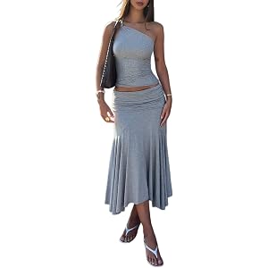 Womens's Two Piece Midi Skirt Set Dressy Summer Going Out Outfits | Soft, one shoulder crop tops, asymmetrical ruched midi sk