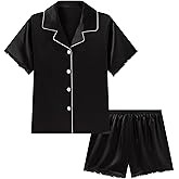 DIPUG Girls Pajamas Set Satin Short Sleeve Pjs with Ruffle Trim Soft Silky Sleepwear for Ages