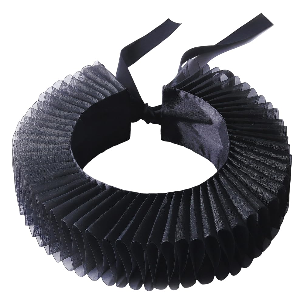 CABODYALS Black Detachable Ruffled False Collar Vintage Renaissance Elizabethan Medieval Ruff Pleated lace Up Design Decorative Clown Neck Faux Collars for Women Party Costume Accessories Cosplay