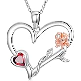WSX Personalized Heart Rose Necklace with 1-2 Birthstone 10K 14K 18K Gold Custom Engraved 1-2 Name Heart Pendant Jewelry Gift for Women Girlfriend Wife Mom