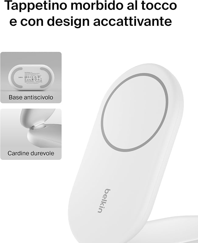 BoostCharge Caricabatteria magnetico pieghevole 2 in 1 con Qi2 15W, Caricatore wireless compatibile con MagSafe, ricarica rapida per Apple iPhone 17, Air, Pixelsnap, alimentatore - Bianco