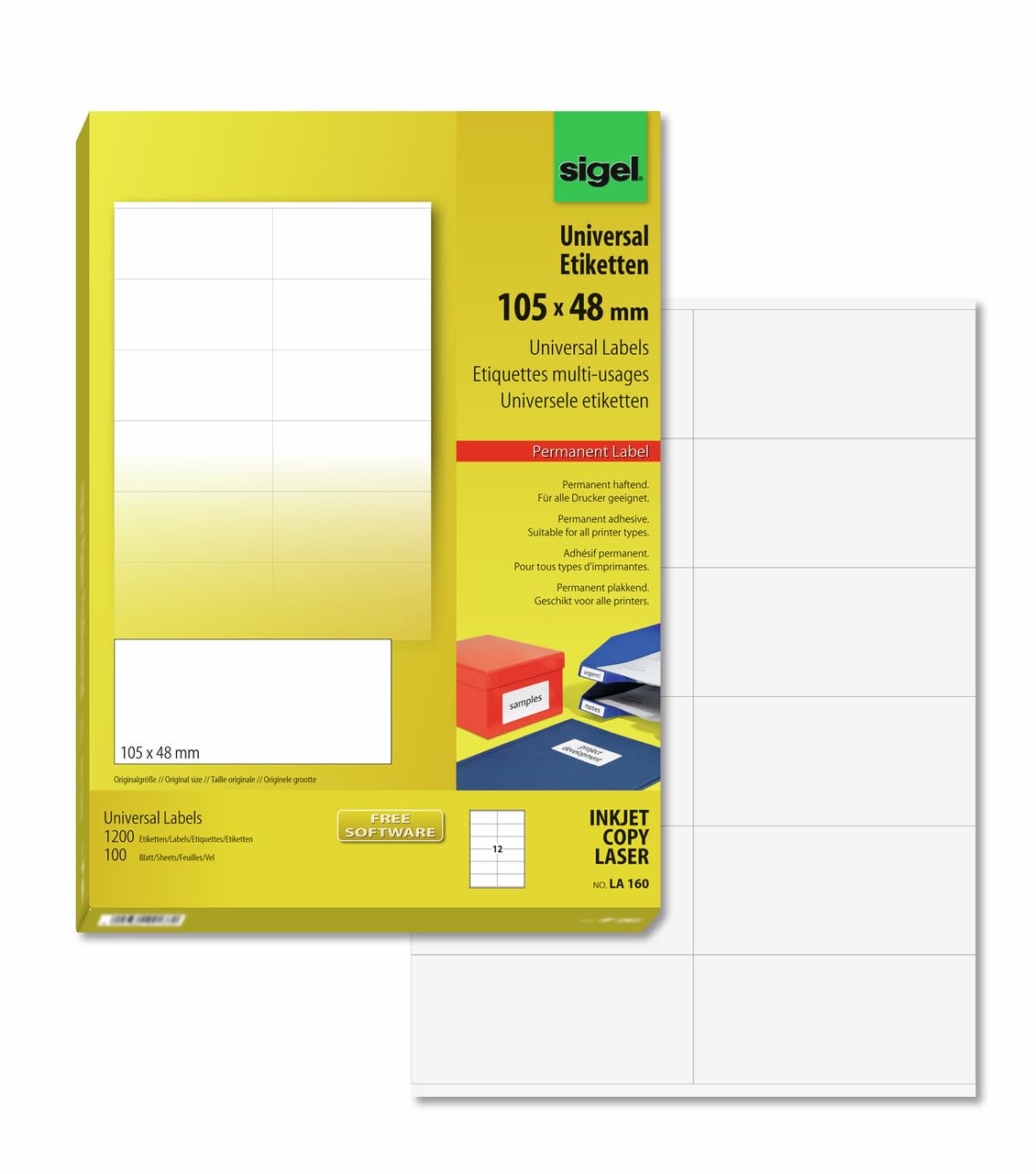 SIGEL LA160 Universal Permanent Labels, White, 10.5 x 4.8 cm, 1200 lbl equal to 100 sheets, White