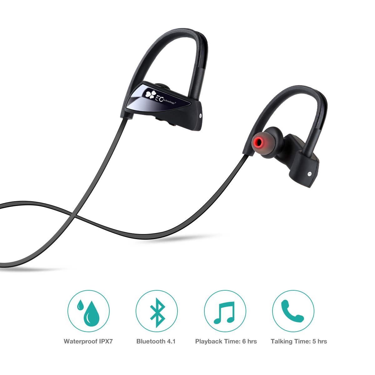 Auriculares Bluetooth, EC Technology Auricular V4.1 Deportivos Inalámbricos y Resistentes al Agua IPX7 con 6 Horas de Reproducción y Eliminación del Ruido Exterior, para iphone 8,8 plus y Otros Dispostivos Bluetooth - Negro