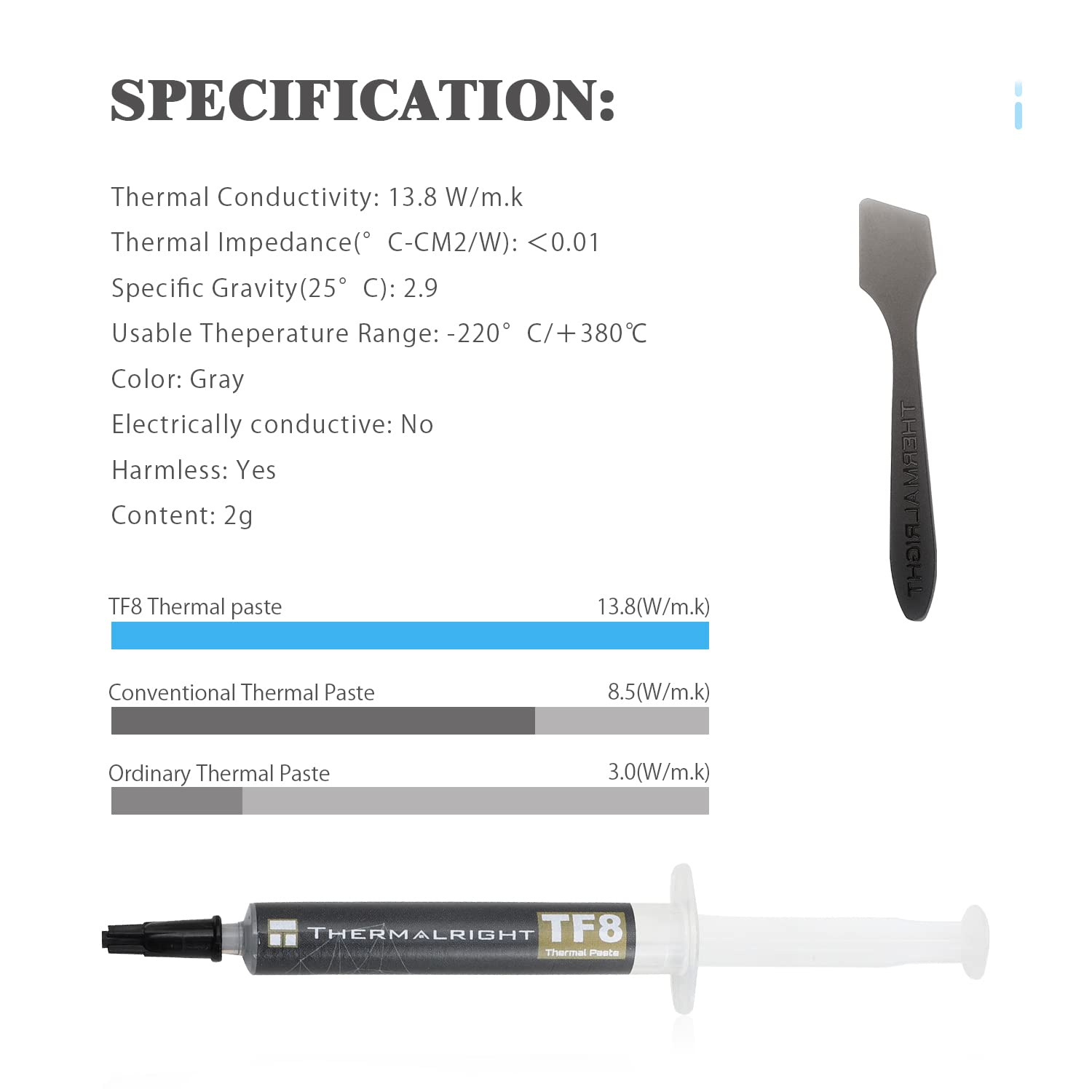 Thermalright TF8 High Performance Thermal Compound Paste 2 Grams, 13.8W/mK, High Durability, for All heatsinks CPU Coolers, with applying Tool (TF8 2g)