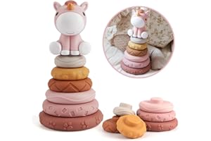 Nueplay 7 Pcs Stacking & Nesting Baby Toys, Squeeze Teething Toys and Building Circle with Pink Horse Figure, Newborn Essentials for 6 12 18 Months Toddler Girls