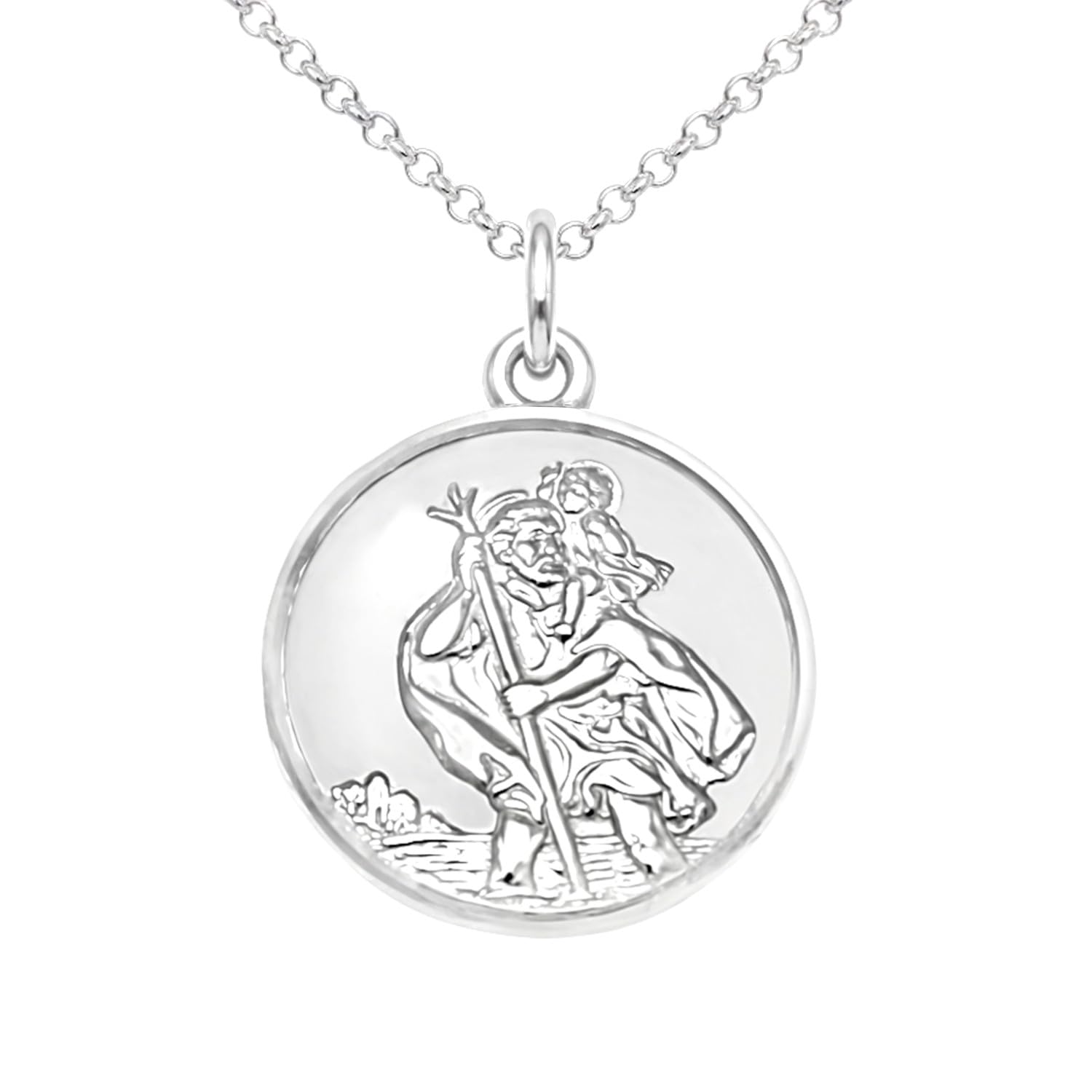 Alexander Castle Reversible 925 Sterling Silver St Christopher Pendant Necklace - 20mm with 18" Sterling Silver Chain & Jewellery Gift Box