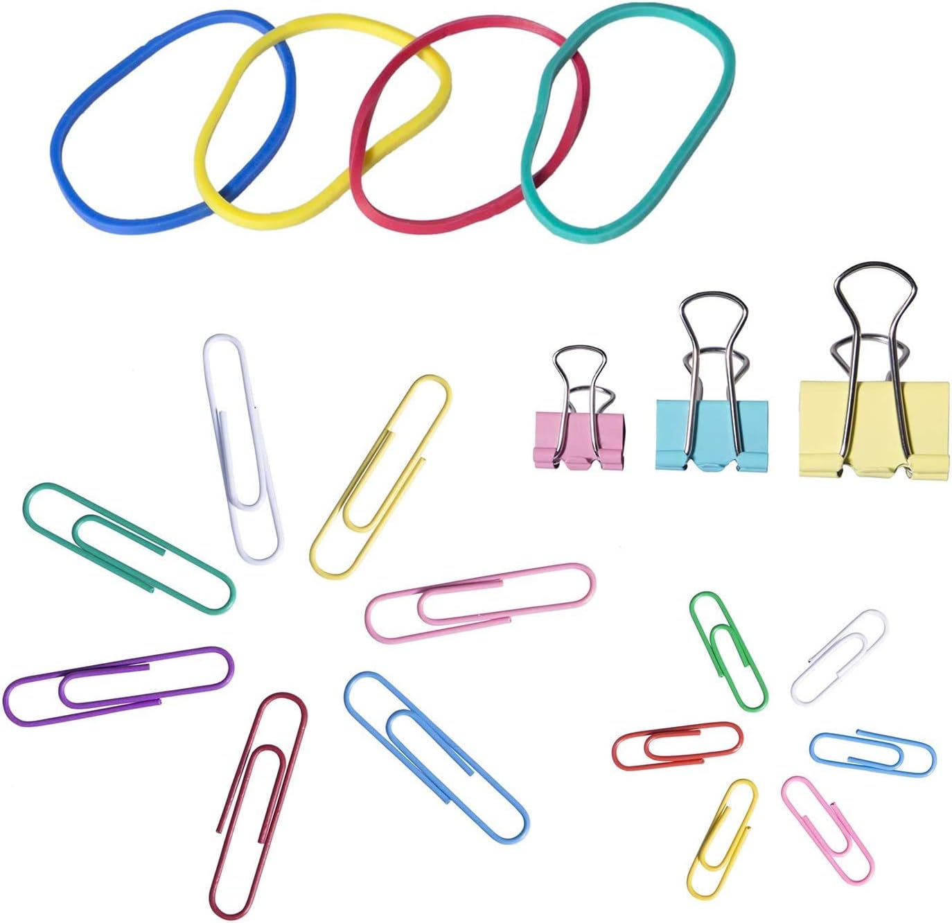 240 Pcs Assorted Colors Binder Clips, Paper Clips, Rubber Bands, Paper