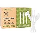 IDING Choice 380 Count Heavy Duty Compostable Cutlery Set 140 plastic forks 120 spoons 120 knives eco-friendly no plastic silverware compostable utensils for Weddings, Parties, Office, Camping, Picnic