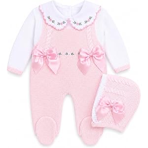Newborn Girl Knitted Pink Clothes Set, Spanish outfit Coming Home Infant Knit Outfit 3 pieces