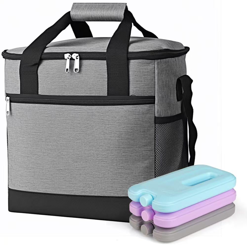 Ultimate Insulated Cooler Bag with Free 3Pcs Ice Packs - Dual-Compartment Waterproof Lunch Bag for 24 Cans - Perfect for Beach, Travel, Work, Picnic | Leak-Proof & 20 Hours Cooling (Grey)