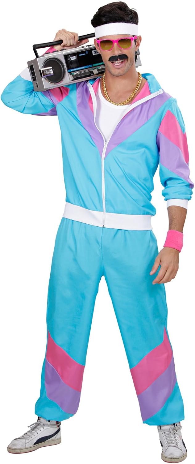 WIDMANN 80s/90s Tracksuit Costume/Outfit, Blue, Pink and Purple, Jacket and Trousers, Disco, Jogging Suit, Retro Style