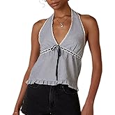 Women Striped Print Halter Top Bow Tie Adjustable Elasticity Backless Tank Top Summer Lace Trim Babydoll Crop Vest