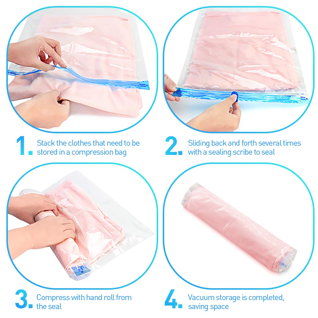 WOSTOO Travel Space Saver Bags 12 Pack - 4*Small + 4*Medium + 4*Large - Hand Roll Up Reusable Vacuum Storage Bags for Clothing, Organizing, Luggage, and Suitcase (No Vacuum or Pump Needed)