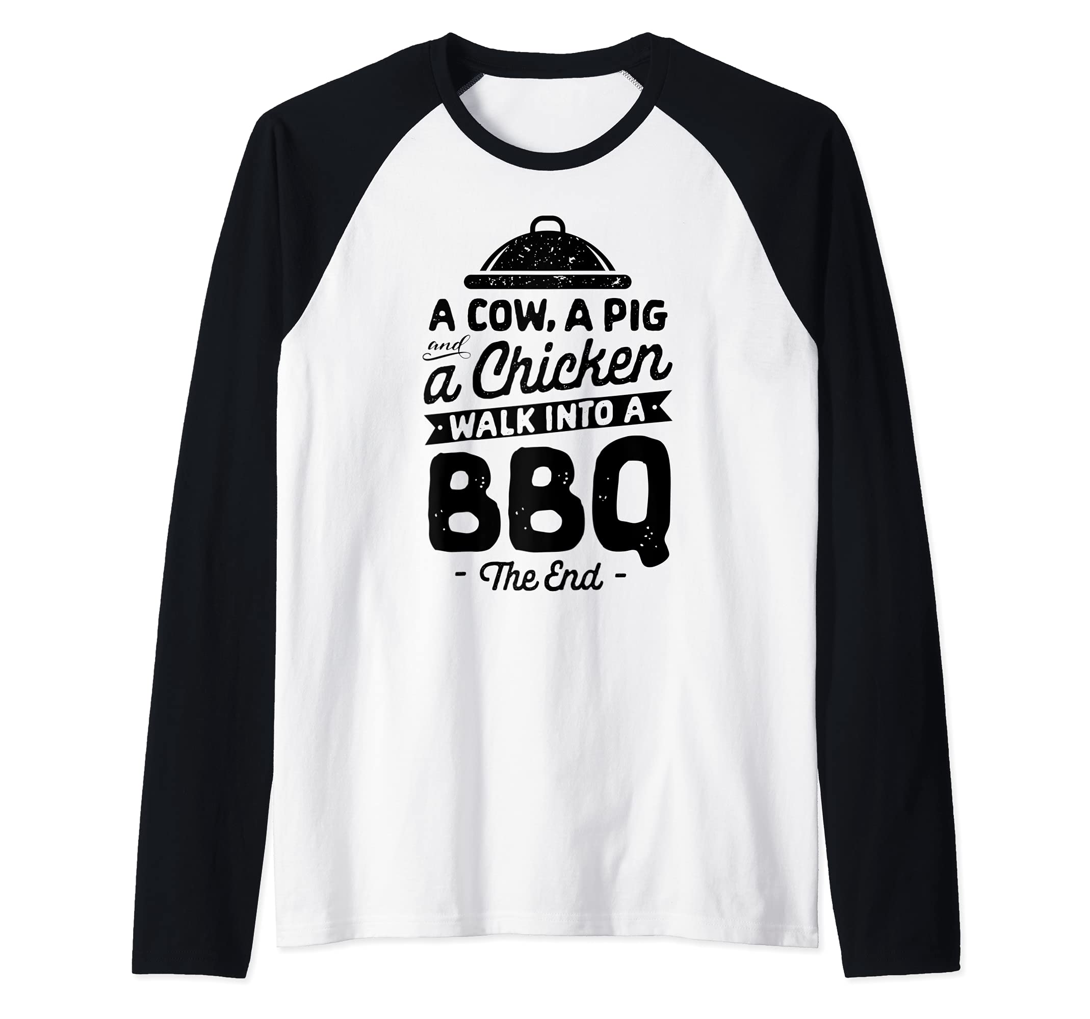 Chef A Cow A Pig And A Chicken Walk Into A BBQ Barbecue Raglan Baseball Tee