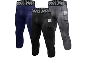 LANDUNSI 3 Pack Mens Compression Pants 3/4 Running Football Tights with Pokects Dry Fit Workout Leggings Sports Baselayer