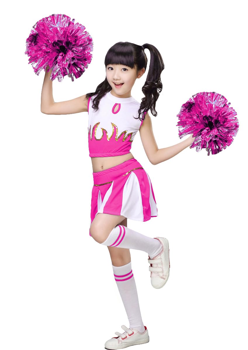 LOLANTA Girls Cheerleader Costume Cheerleading Children Dress Outfit Uniform with PomPoms(Pink, 5-6 years, Tag Size 120) — image 1
