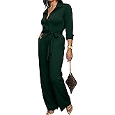 FANDEE Womens Dressy Jumpsuits Casual One Piece Outfit Button 3/4 Sleeve Drawstring Waist Wide Leg Long Pants Romper