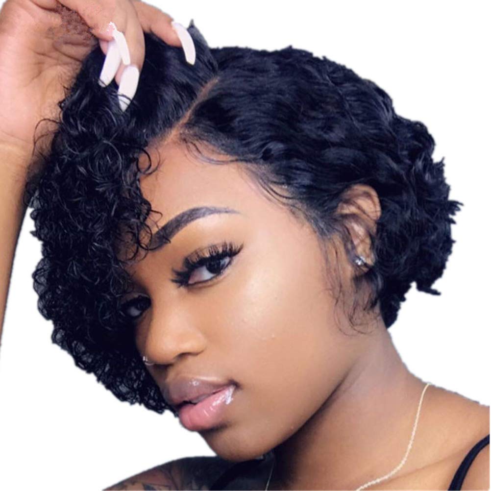 Short Afro Human Hair Curly Wig for Black Women With Hair Net - Fashion Lace Front for Cosplay Party Salon (Black)