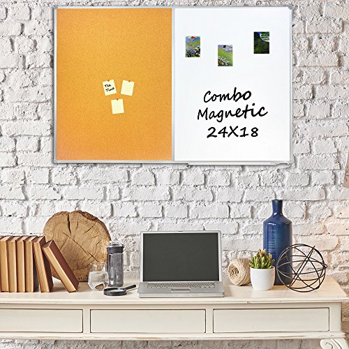 Lockways Dry Erase Board & Cork bulletin Board Combination - 24 x 18 Inch Magnetic Whiteboard & Corkboard, Ultra-Slim Silver Aluminium Frame