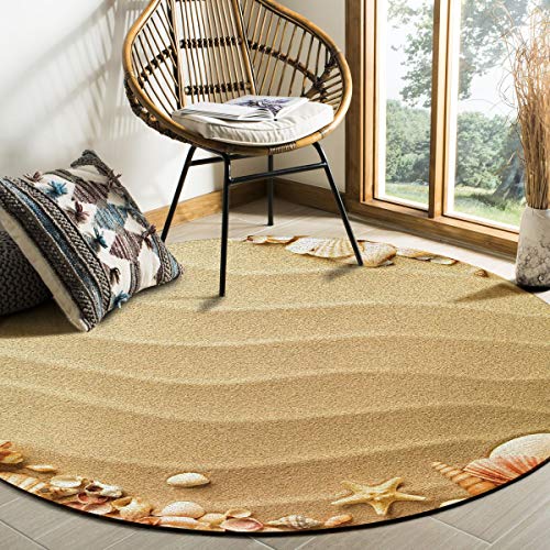 Beach Area Rug Round Rugs 6ft, Nautical Sandy Starfish Shells