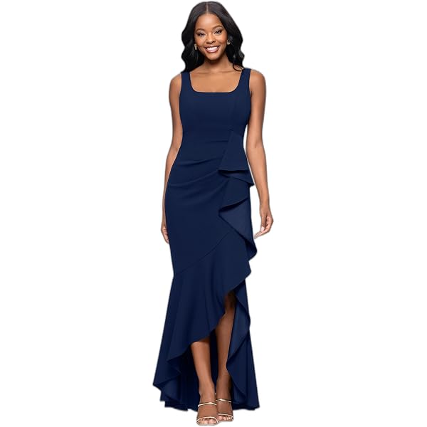 betsy & adam women's ruffled asymmetric-hem dress Betsy & Adam Halter Neck Asymmetrical Ruffle High-Low Gown