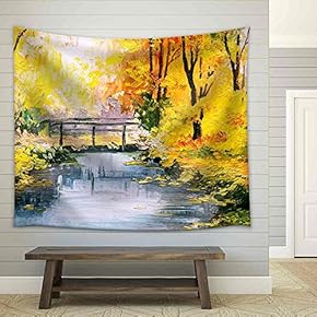 Oil Painting Landscape - Colorful Autumn Forest, Beautiful River - Fabric Wall Tapestry Home Decor - 51x60 inches