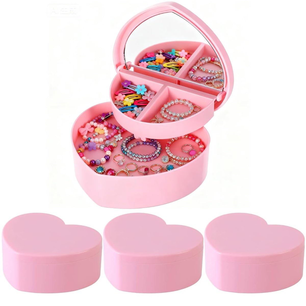 Photo 1 of Cabilock 4 PCS Heart Shape Double Layer Jewelry Box with Mirror, Portable Jewelry Organizer Case for Earrings Rings Necklaces Desk Topper Organizer, Pink
