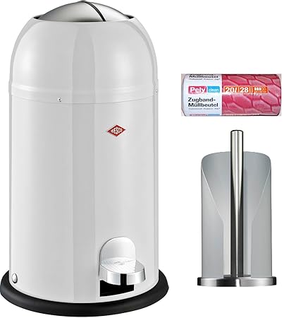 Wesco Kickmaster junior 12-Liter Abfallsammler weiss + Küchenrollenhalter weiss + 28 Müllbeutel im Set
