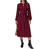 EZAPINE Corduroy Dress Women Long Puff Sleeve Zip Up Vintage Fall Winter Midi Dress with Belt