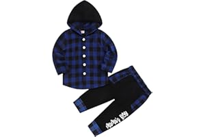 Axumity Toddler Baby Boys Clothes Plaid Button Down Hooded Shirt + Sweatpants Fall Winter Outfits Set