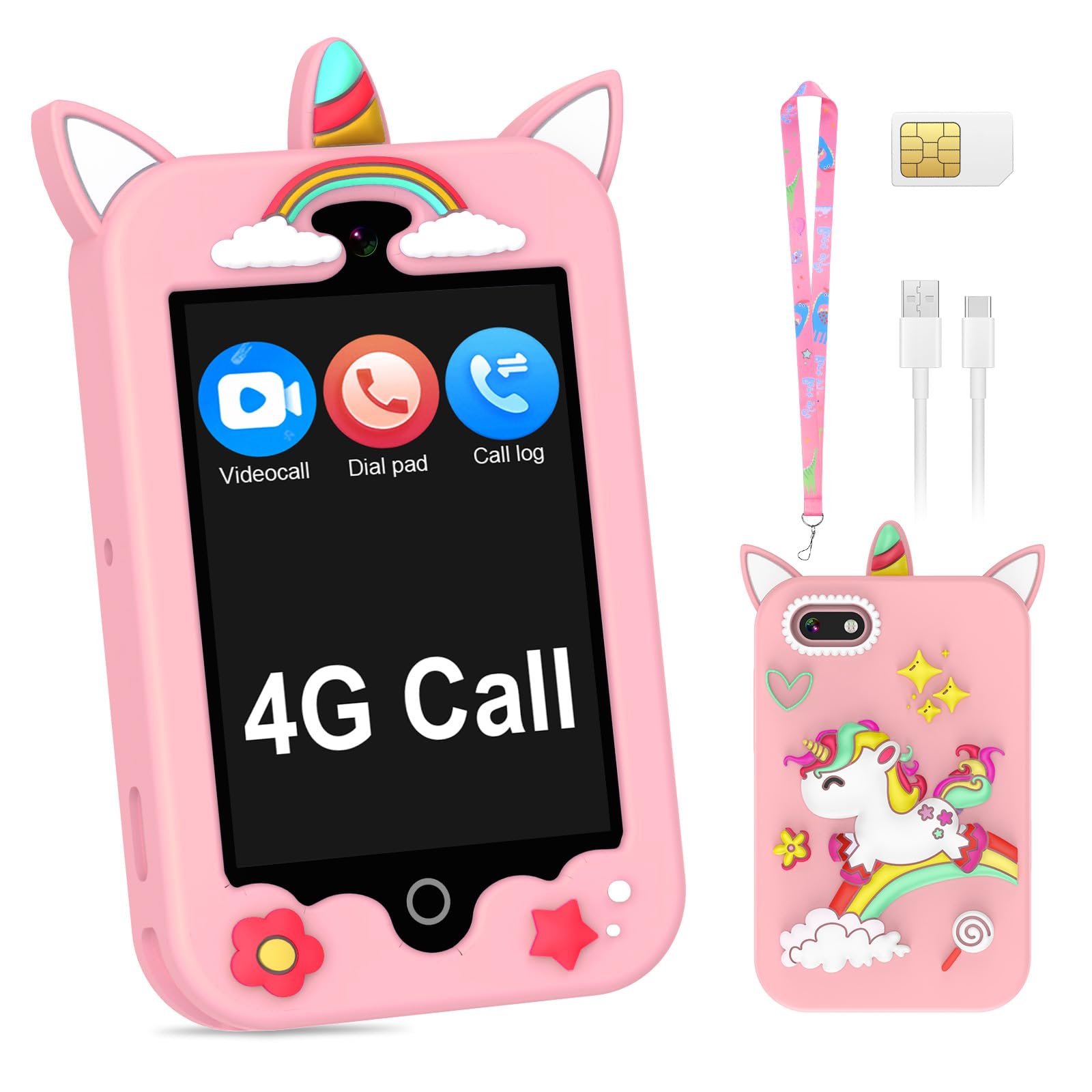 View 1 of **SCREEN BROKEN** ele ELEOPTION 4G Smart Phone for Kids Toys with SIM Card, Touchscreen Toy Phone Interactive GPS Cell Phone for 3 4 5 6 7 8 9 10 Year Old Girls Boys Christmas Birthday Calling Smartphone Gifts Pink