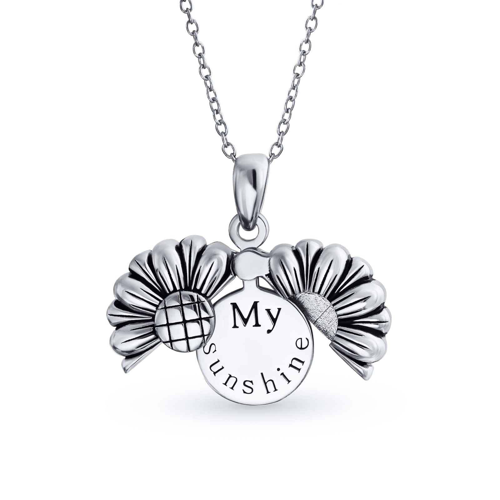 Bling Jewelry Personalize Floral Flower Inspirational Saying My SUNSHINE Words Sunflower Open Locket Pendant Necklace For Women Teen Girlfriend Rhodium Plated .925 Sterling Silver — image 1