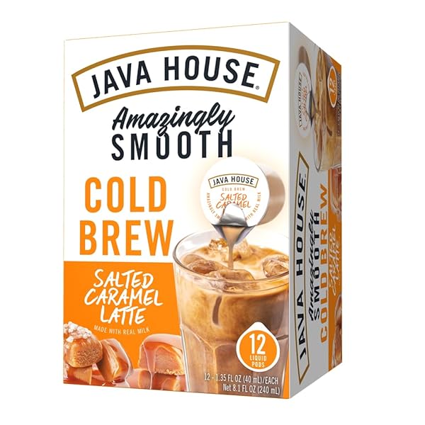 JAVA HOUSE SALTED CARAMEL LATTE COLD BREW COFFEE PODS, (12 COUNT) PEEL AND POUR PODS HOT OR ICED