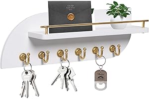 Karisky Key Holder for Wall, Decorative Key and Mail Organizer with 6 Sturdy Metal Hooks and Floating Shelf, 14 Inches Wood Wall Mounted Key Rack for Entryway, White and Gold