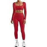 SUUKSESS Women 2 Piece Workout Sets Compression Tummy Control Leggings with Pockets Long Sleeve Square Neck Padded Crop Tops