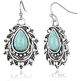 Boho Teardrop Turquoise Drop Earrings for Women Silver Western Turquoise Earrings Vintage Ethnic Jewelry