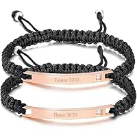Custom Couple Bracelets — Personalized His & Hers Matching Set With Engraved Nameplate & Adjustable Rope Band (Free Engraving)