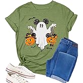 Halloween Shirts for Women Pumpkin Shirt Spooky Ghost Tshirts Fall Halloween Spooky Season Cute Short Sleeve Tee Tops