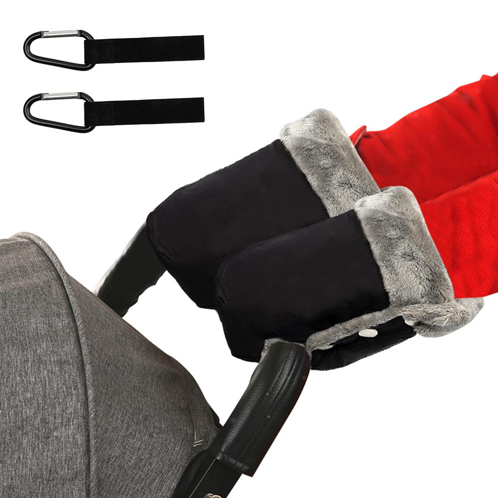 Novelfun Baby Pushchair Fleece Hand Muff Pram Hand Gloves Stroller Warmer Buggy Baby Carriage Waterproof Windproof Anti-Freeze Extra Thick Pram Accessories Baby Stroller Gloves with Pram Hook - Black