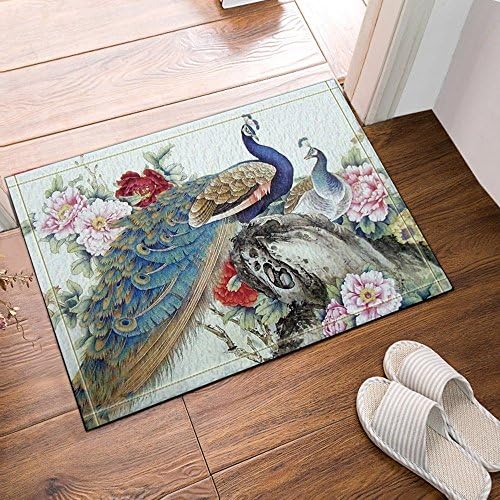 HiSoho The blue peacock and pink peony 60x40cm Flannel Non-Slip Floor Mat Bath rug Doormat Bathroom Carpet with Patterns