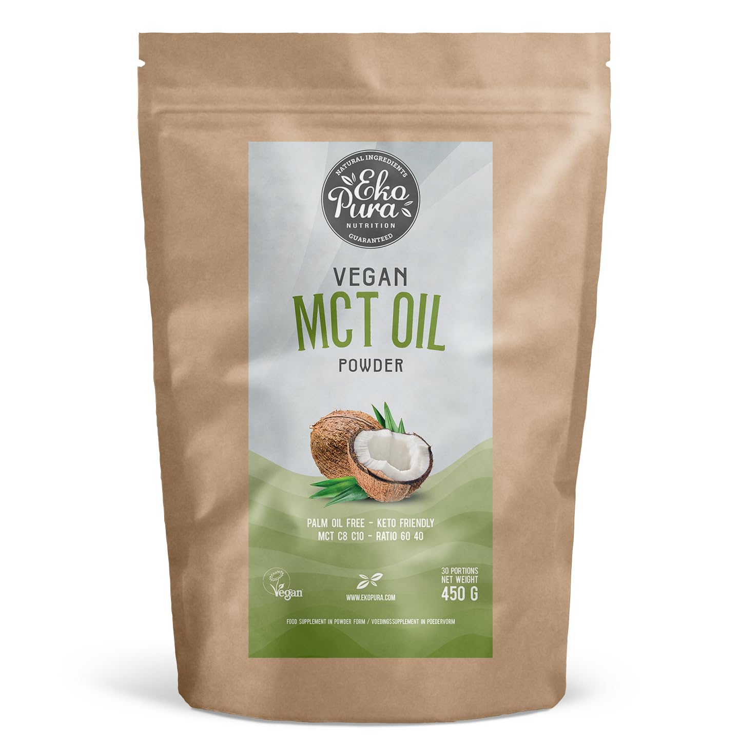 Ekopura Vegan MCT Oil Powder - 450g | C8/C10 MCT Ratio of (60/40) | Low Carb, Lactose Free, and Sugar Free | Premium Quality, Easily Absorbed & Digested | 30 portions | Neutral Flavoured