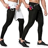 Odoland 2 Pack Mens Compression Running Pants, 2 in 1 Quick Dry Athletic Workout Sweatpants Shorts Gym Leggings with Pocket
