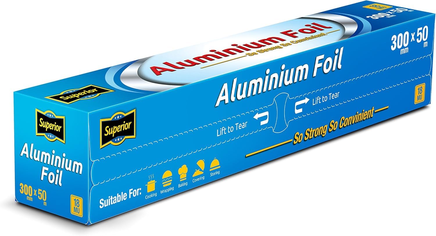 Superior Heavy Duty Kitchen Foil - 30cm x 50m - Non-Stick Aluminium Foil with Built in Cutting Edge - Ideal Tin Foil Roll for Food Storage Cooking Grilling, Roasting