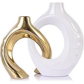 LCCCK White and Gold Ceramic Vases for Home Decor, Boho Vase for Flowers Pampas Grass Decorative, White Gold Hollow Donut Sma