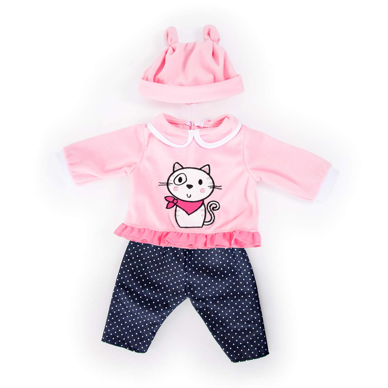 Bayer Design 83886AA Clothing for 13 to 15 inch Dolls, Trousers, top and Cap, Set, Outfit with cat and Elaborate Design