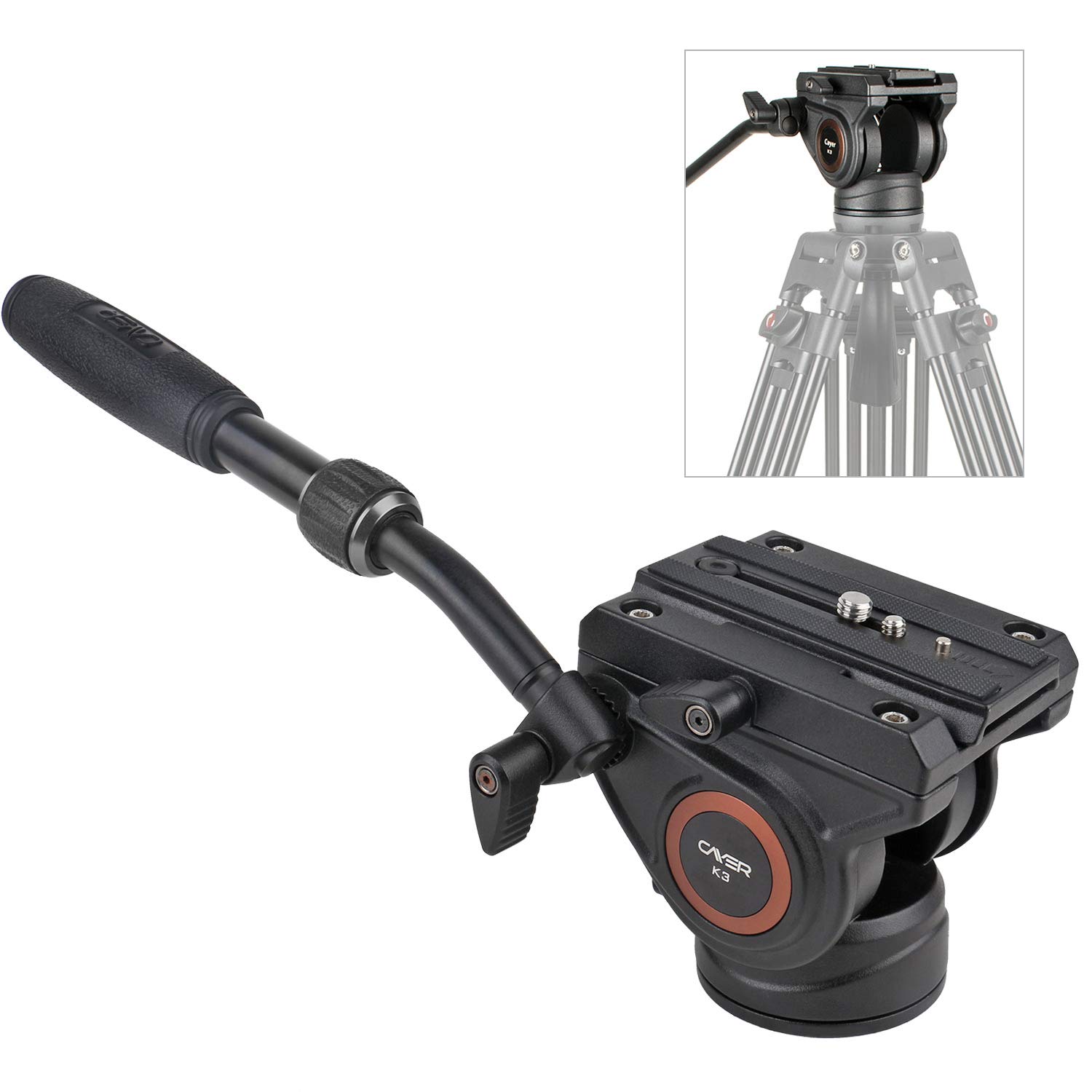 Fluid Head,Cayer K3 Video Camera Tripod Fluid Drag Pan Head for Canon Nikon Sony Olympus Panasonic DSLR Camera, with 3/8" and 1/4" Mounting Screw,2 Sections Handle