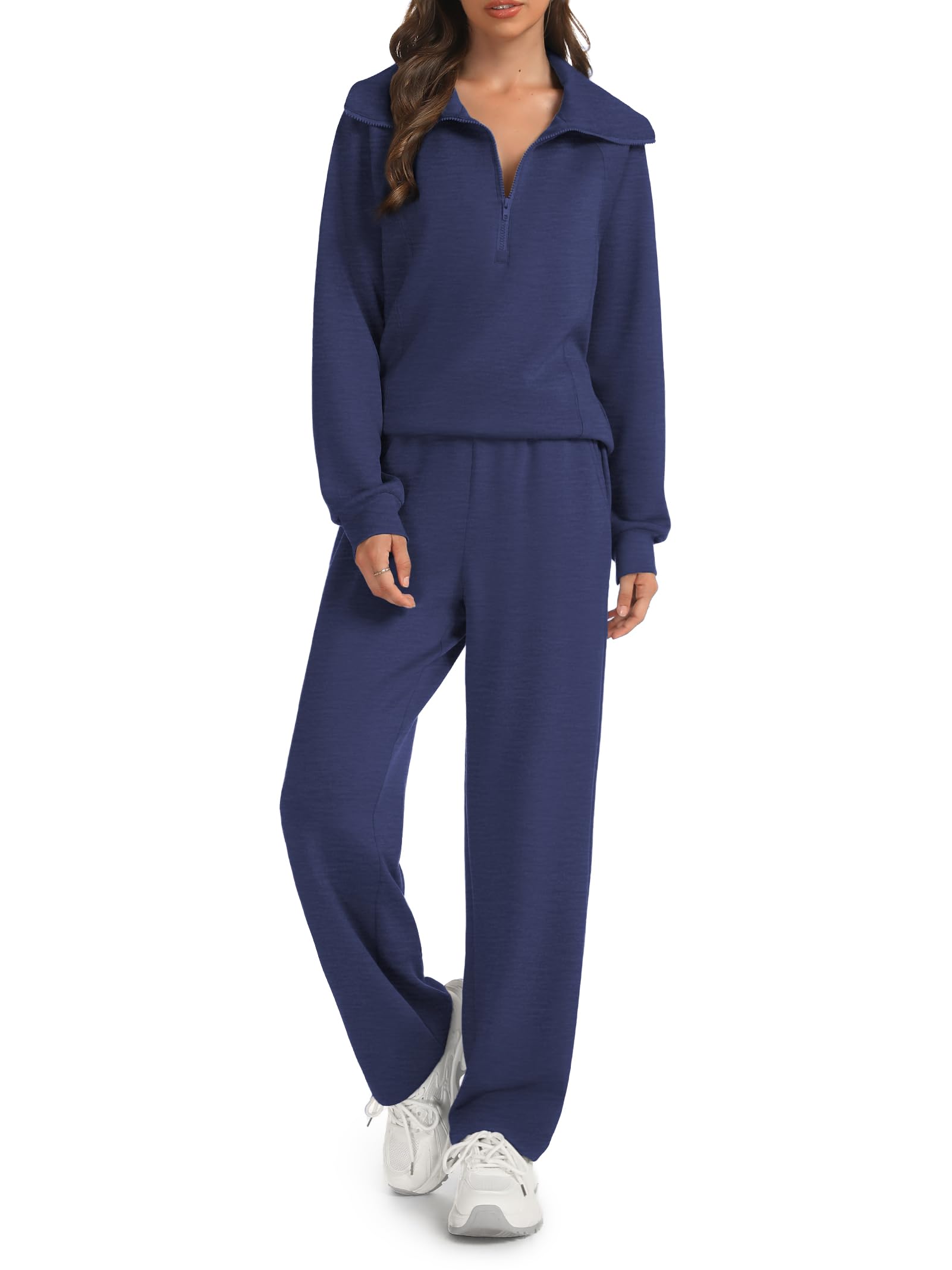 Photo 1 of ****missing pants***** Casly Lamiit Track Suits for Women Set 2 Piece Casual Lounge Sweatsuits Half Zip Lapel Sweatshirt Drawstring Sweatpants Matching Travel Outfits Navy Blue S